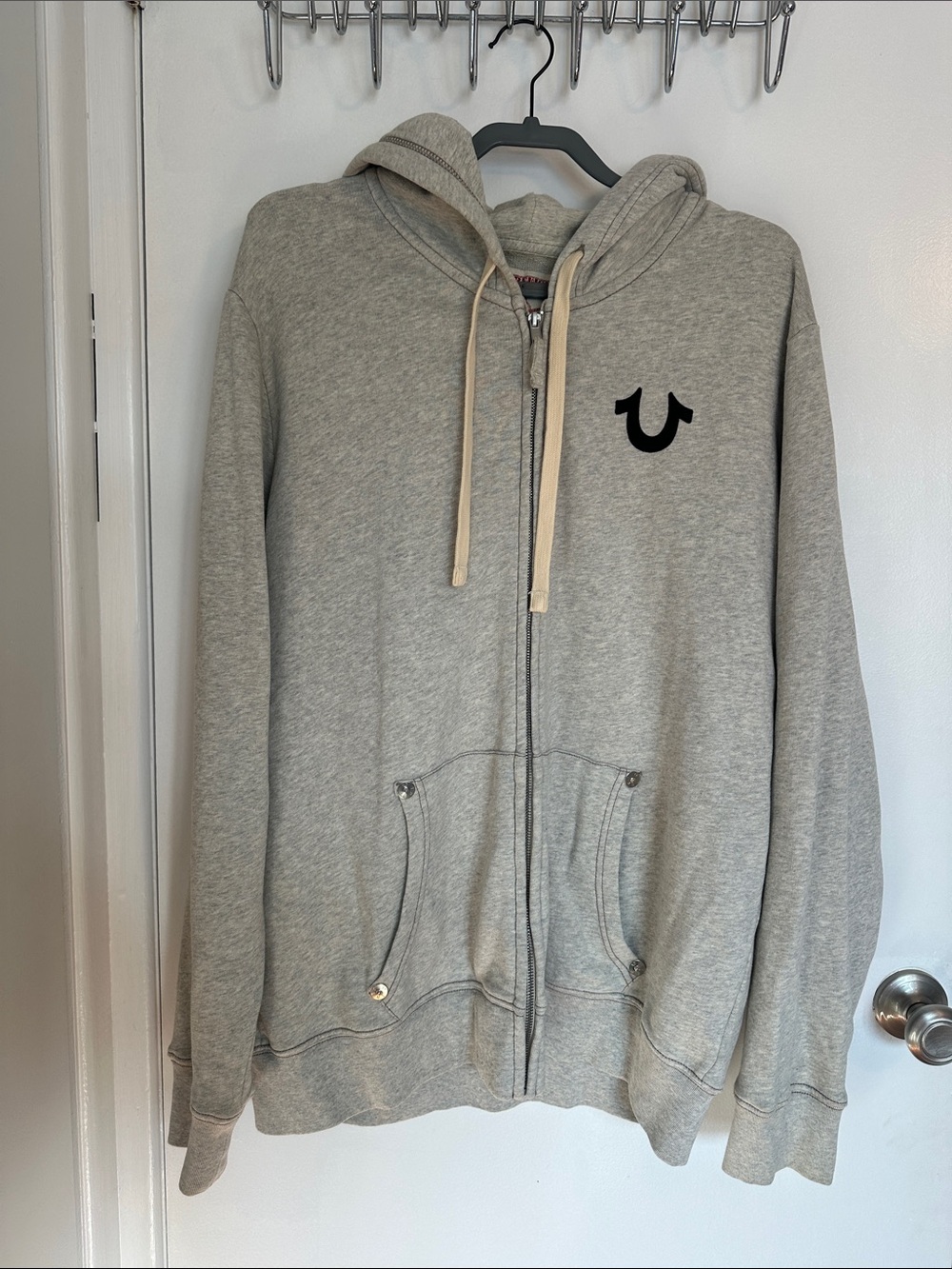 True Religion Light Grey Zip Hoodie with Black Horseshoe Logo